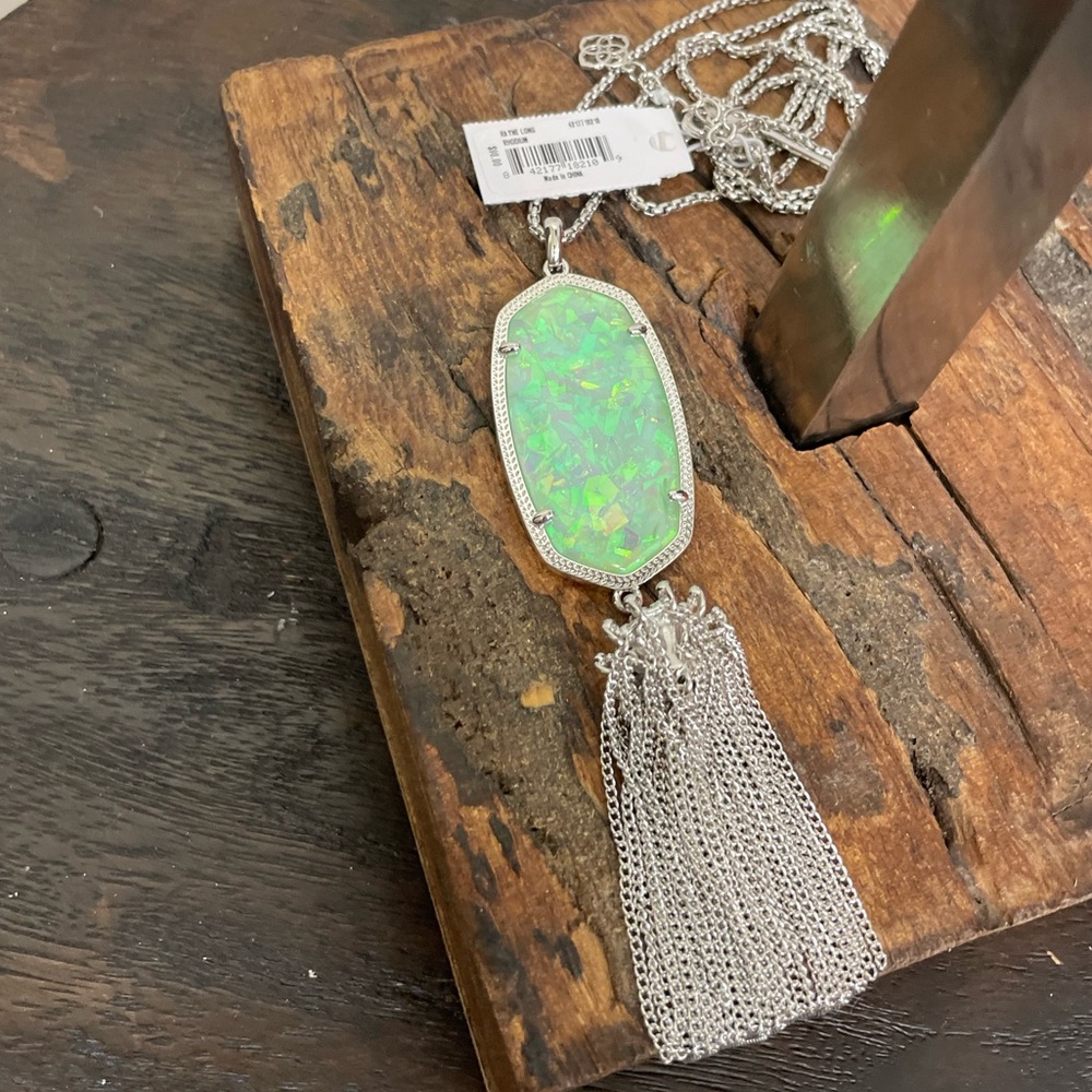 Kendra Scott Rayne Necklace Silver Iridescent Mint Illusion Tassel NWT - Picture 2 of 5